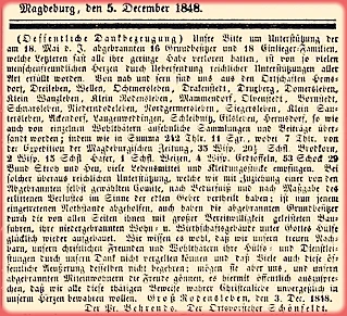 Dezember 1848, öffentlich Danksagung der Bürger von Groß Rodensleben für die Hilfe von Bürgern der umliegenden Ortschaften für die bei dem Großbrand am 16. Mai in Groß Rodensleben geschädigten Familien.