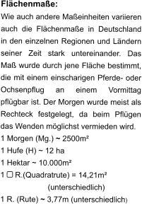 Flächenmaße: Wie auch andere Maßeinheiten variieren auch die Flächenmaße in Deutschland in den einzelnen Regionen und Ländern seiner Zeit stark untereinander. Das Maß wurde durch jene Fläche bestimmt, die mit einem einscharigen Pferde- oder Ochsenpflug an einem Vormittag pflügbar ist. Der Morgen wurde meist als Rechteck festgelegt, da beim Pflügen das Wenden möglichst vermieden wird. 1 Morgen (Mg.) ~ 2500m² 1 Hufe (H) ~ 12 ha 1 Hektar ~ 10.000m² 1  R.(Quadratrute) = 14,21m²                        (unterschiedlich) 1 R. (Rute) ~ 3,77m (unterschiedlich)