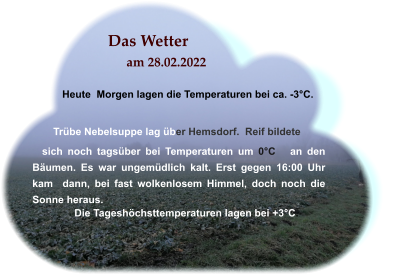 Das Wetter am 28.02.2022 Heute  Morgen lagen die Temperaturen bei ca. -3°C. Trübe Nebelsuppe lag über Hemsdorf.  Reif bildete  Die Tageshöchsttemperaturen lagen bei +3°C. .   sich noch tagsüber bei Temperaturen um 0°C   an den Bäumen. Es war ungemüdlich kalt. Erst gegen 16:00 Uhr kam  dann, bei fast wolkenlosem Himmel, doch noch die    Sonne heraus.